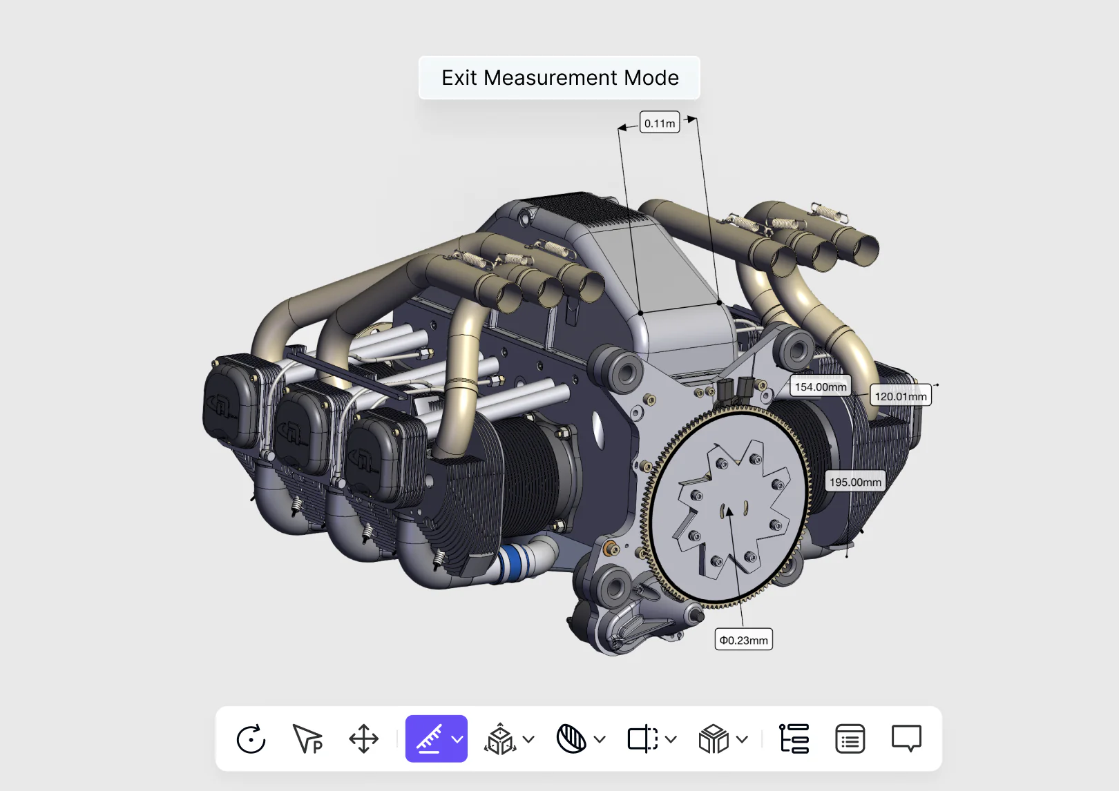 Large engine assembly inspected with browser measurement tools