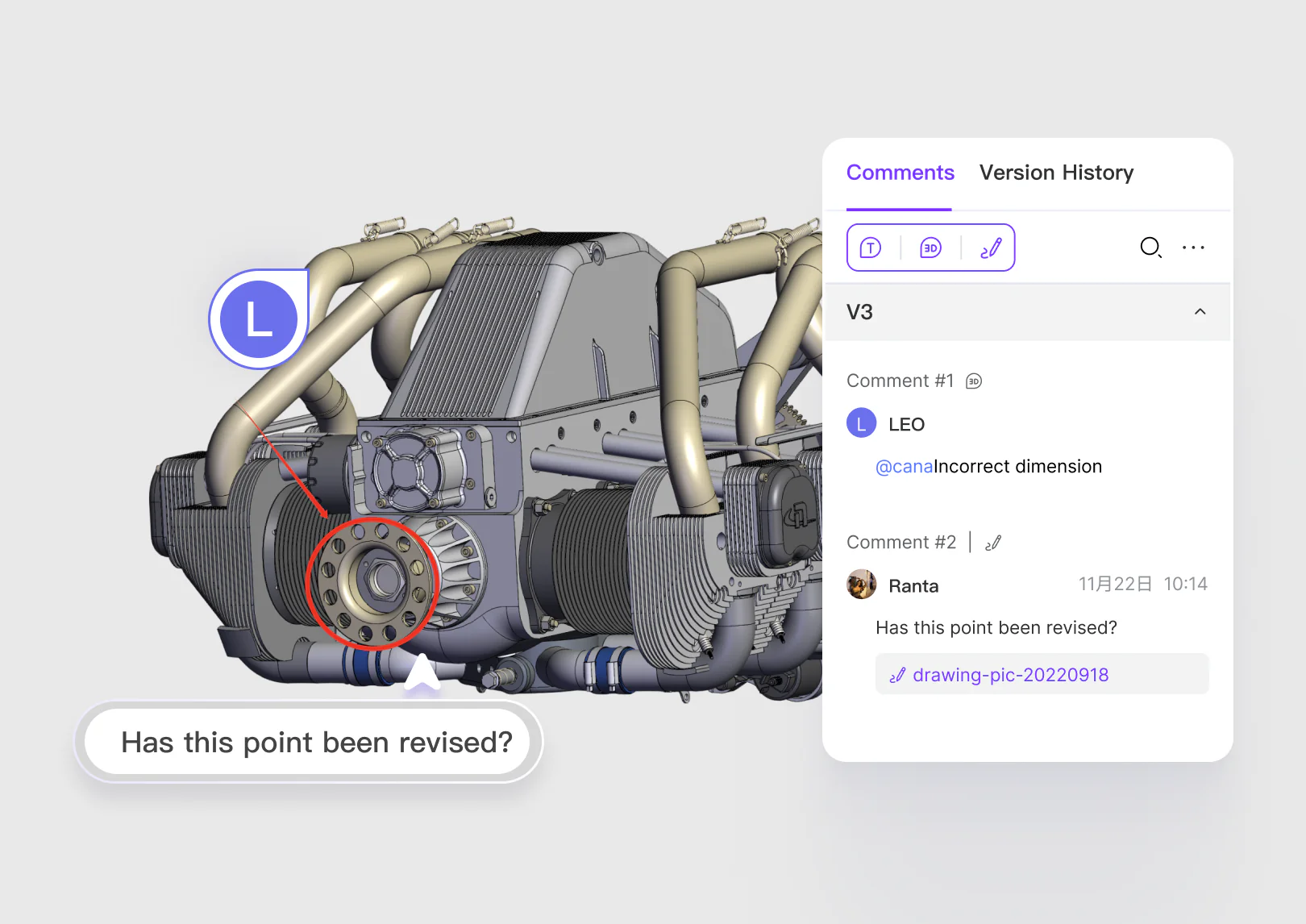 Geometry-linked review comments and version history on a CAD assembly